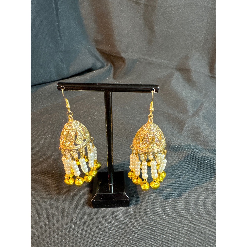 Gold Tone Jhumka Earrings‎ White Faux Pearl Bell Drop Dangle Ethnic Bollywood
